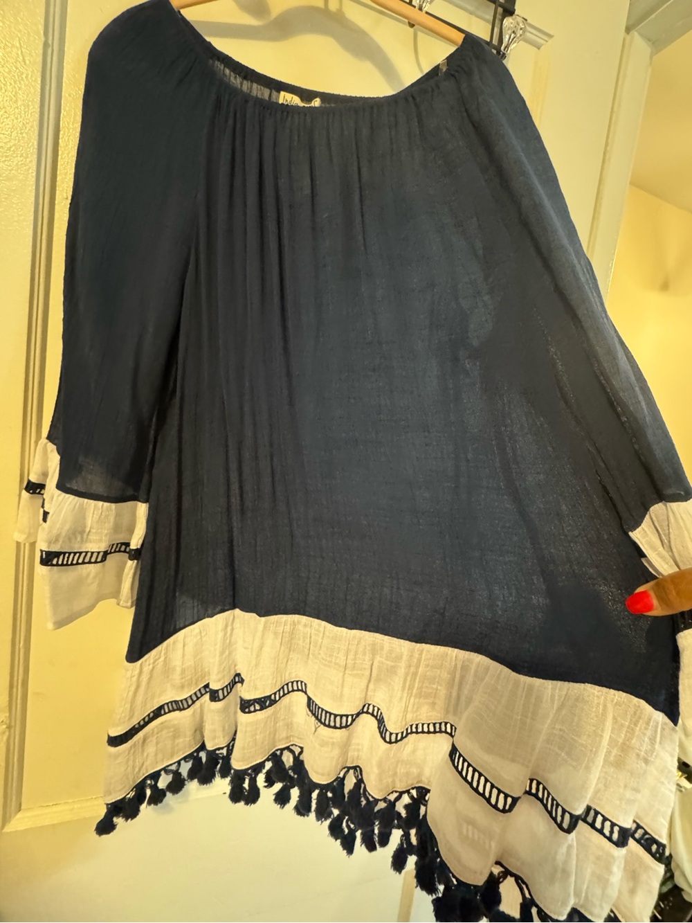 indigo soul Navy and White Boho Tassel Top